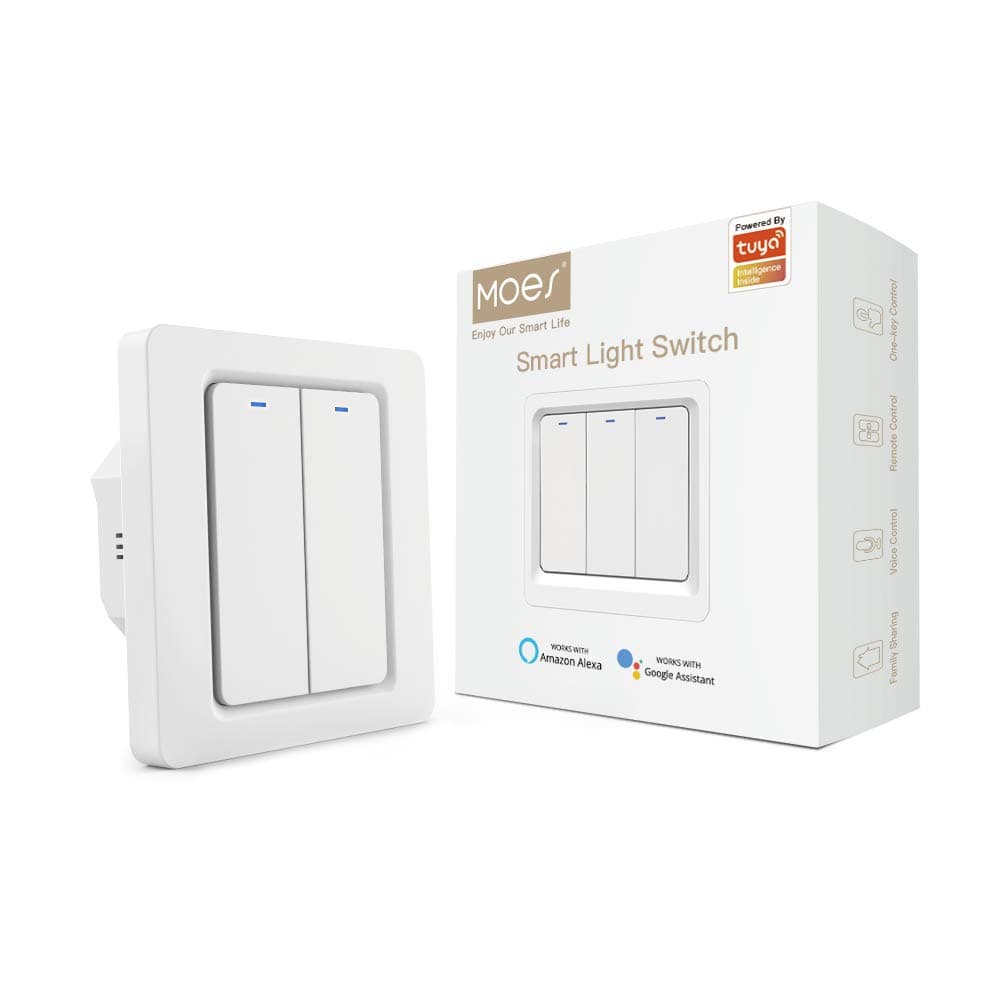 WiFi Push Button Smart Light Switch No Neutral Wire Required, Compatible with Smart Life/Tuya App Remote Control, Works with Alexa Google Home for Voice Control 2 Gang
