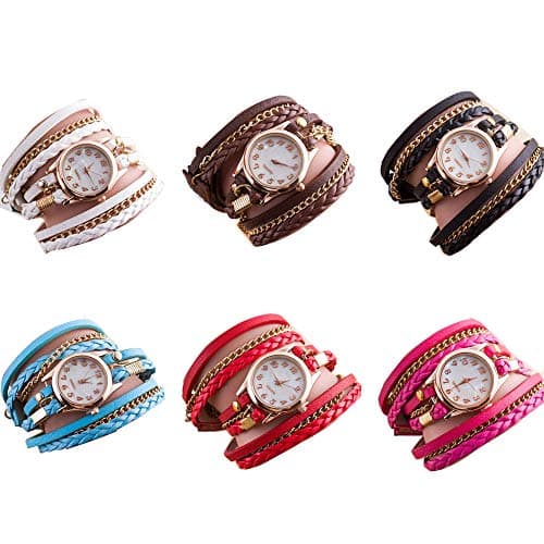 RBuy 6 Pack Multi Layers Wrap Around Leather Bracelet Quartz Watches Women Lady Girls Men Gift Wholesale