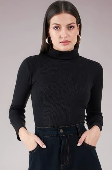 Women's Cotton Solid Turtleneck Ribbed Top | Long Sleeves Stretchy Fitted Top for Women | Knitted Pullover Western T-Shirt