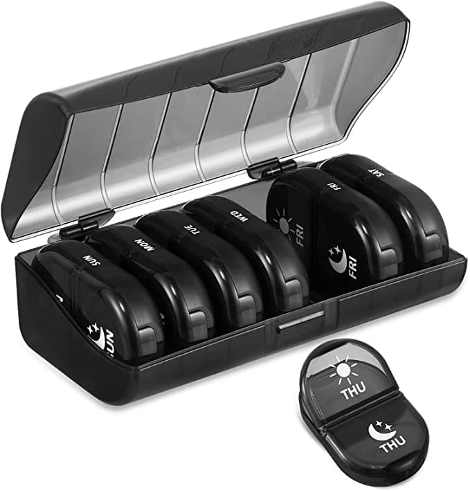Fullicon Pill Organizer 2 Times a Day, Weekly Pill Box AM PM, Removable Medicine Organizer, Pill Cases Twice a Day - (Black)