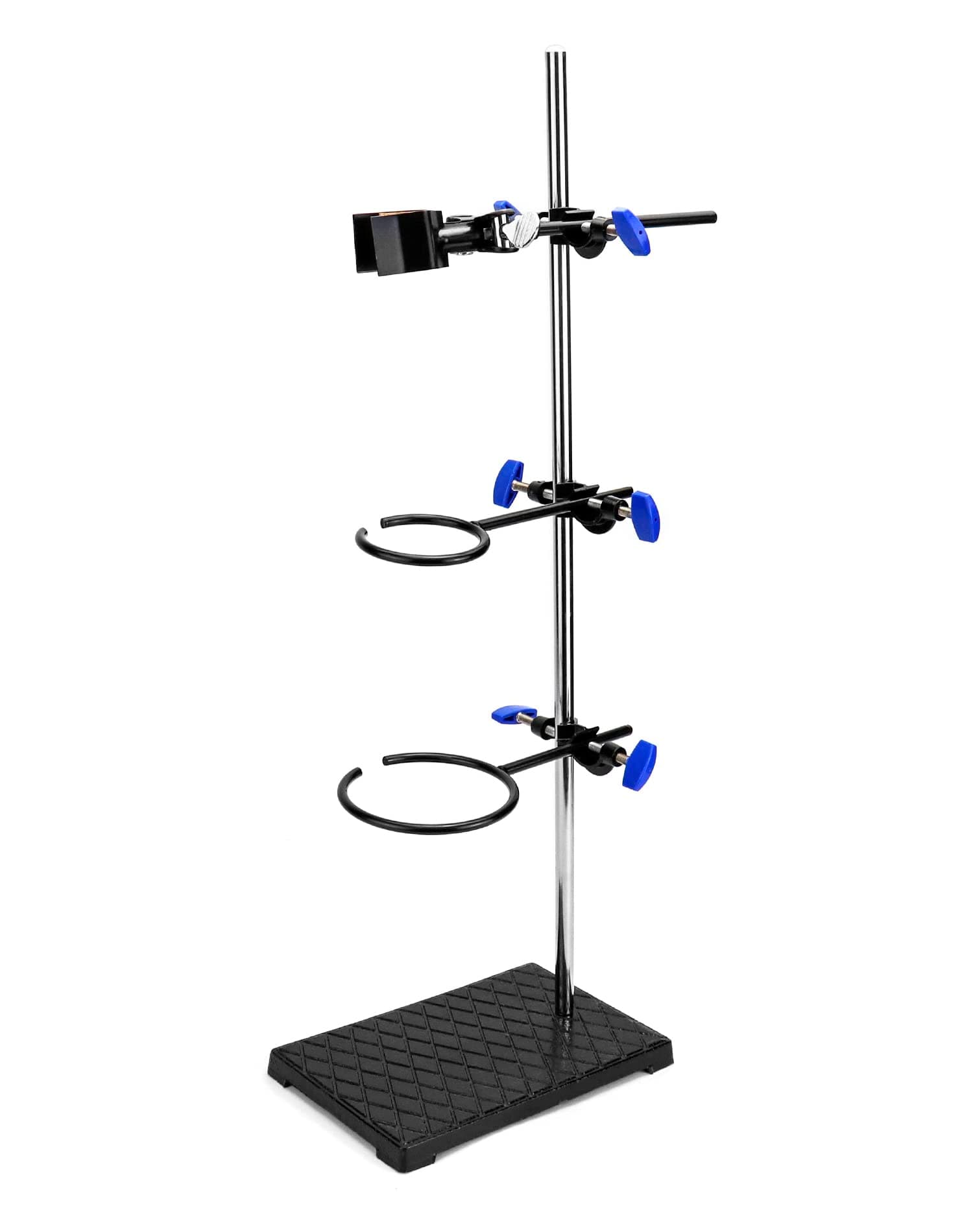 Heavy Duty Laboratory Stands Support Set, 24" Metal Support Bracket Ring Stand, Cast Iron Base (8.6" x 5.5" 3.3lbs), Rod (24" L), 2 Retort Rings (Dia. 2.4"/3.5") and 1 Flask Clamp