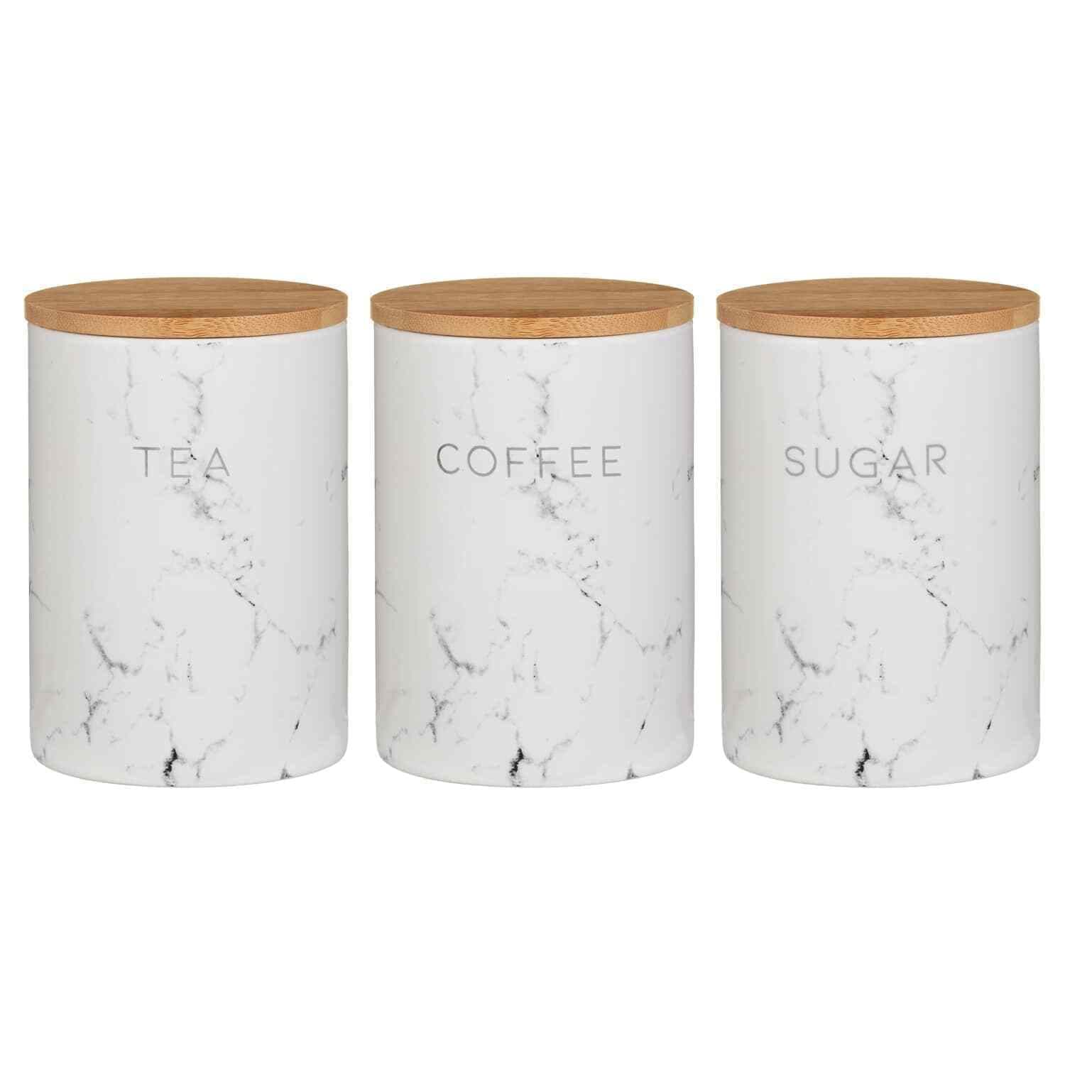 Scotvision3 White Ceramic Marble Effect Tea Coffee Sugar Storage Wood Lids Jars/Canisters
