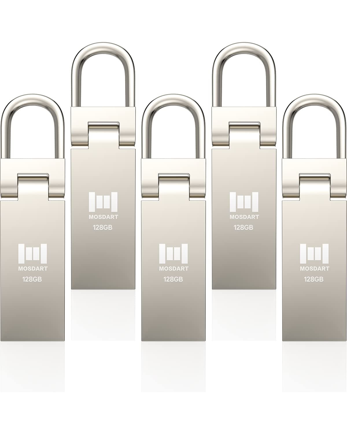 MOSDART 128GB 5 Pack USB 2.0 Waterproof Flash Drive with Keychain, 128 GB exFAT Thumb Drives, Metal Jump Drive, Portable USB Memory Stick for Storage and Backup, Silver
