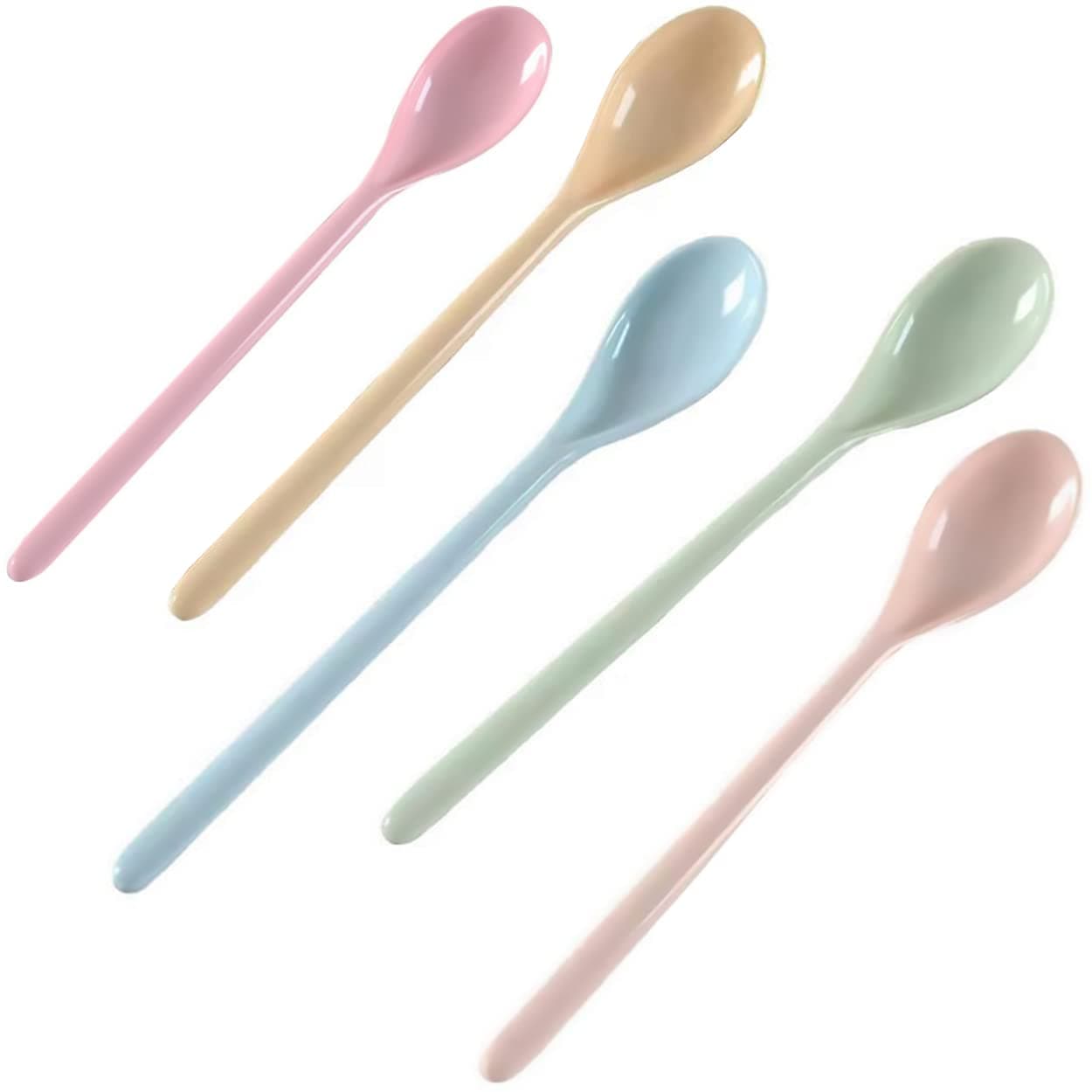 5Pcs Melamine Long Handle Mixing Spoon 7.2 Inch, Coffee Spoons Colorful Plastic Latte Machiatto, Tall Iced Tea, Ice Cream Sundae, Cocktail, Hot Chocolat Stirring Longdrink Spoons