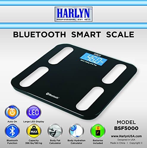 Best Bluetooth Bathroom Scale - Top Smart Digital Weight Scale - Body Fat & Body Hydration - Body Fat & Body Hydration Calculator, Step-on Technology, Mobile App, 400 lbs max Weight by Harlyn