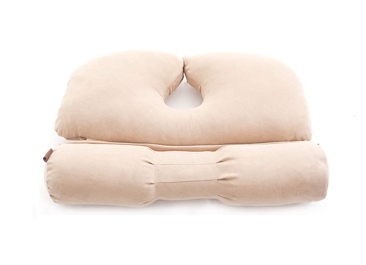 Cervical Round Roll Bed Sleeping Pillow Neck Pain Relief Headrest Support With Organic Buckwheat Bag Hypoallergenic Orthopedic Bolster For Side,Back and Stomach Sleeper,Linear Traction, 24"x16" Beige