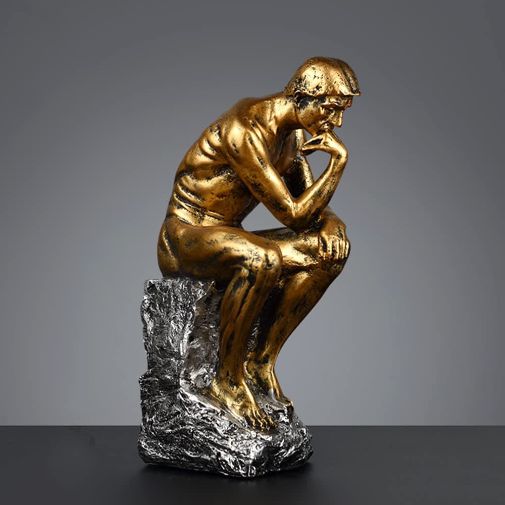 - FUNSXBUG 10 Inch Resin The Thinker Statue Thinking Man Sculptures Collectible Figurine Home Office Decor Living Room Decoration (Gold)