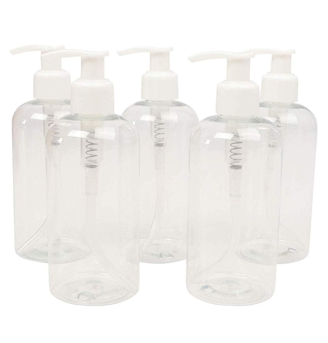 LUCEMILL 5 x 250ml Empty Clear PET Boston Plastic Bottles w/White Lotion Pump Dispenser
