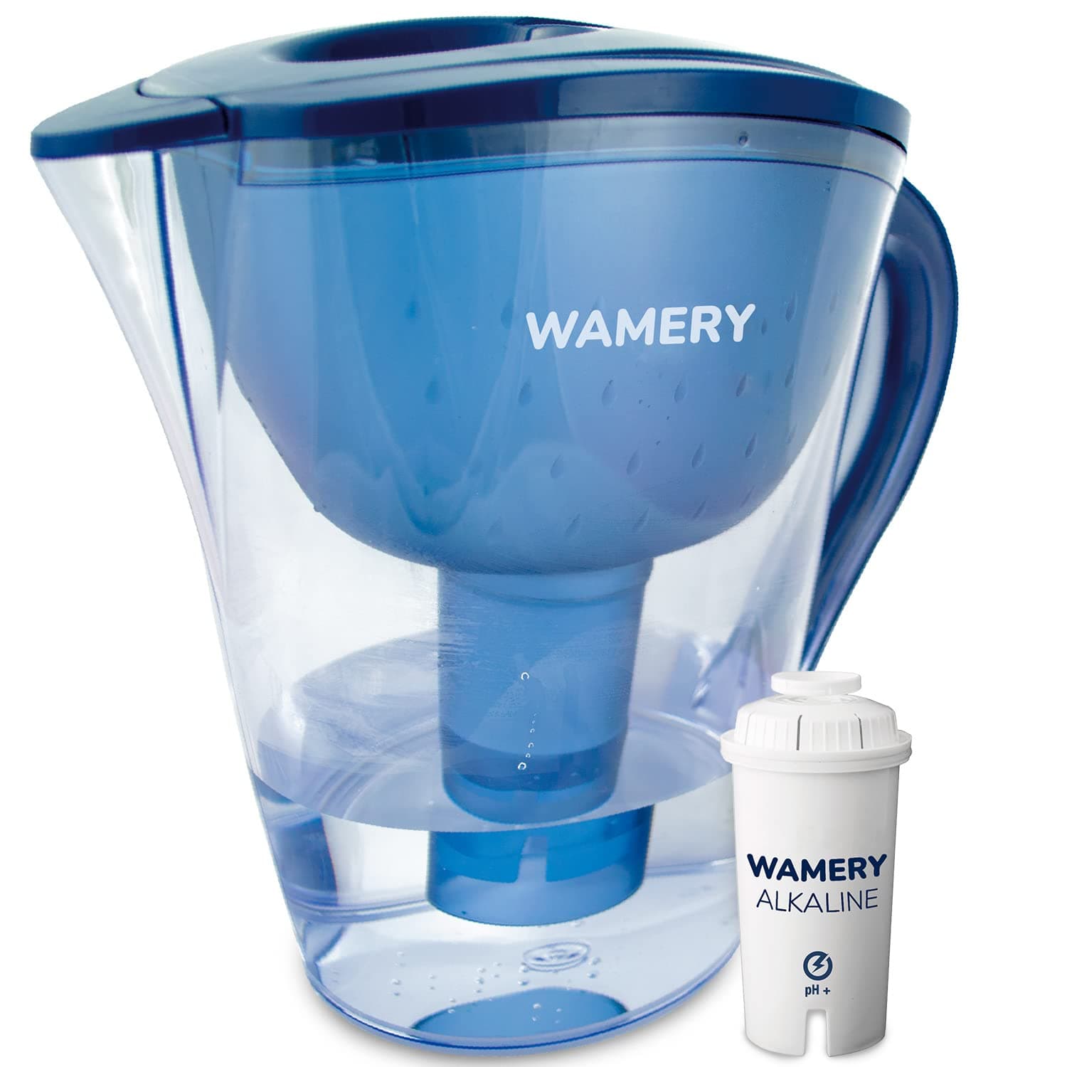 Wamery Alkaline Water Filter Pitcher, 64 fl oz (8-Cup) - Multi-Stage pH-Enhancing, Fast Filtration, Helps Reduce Chlorine Odor, Flip-Top Lid, Filter-Change Indicator, BPA-Free, 1 Cartridge Included