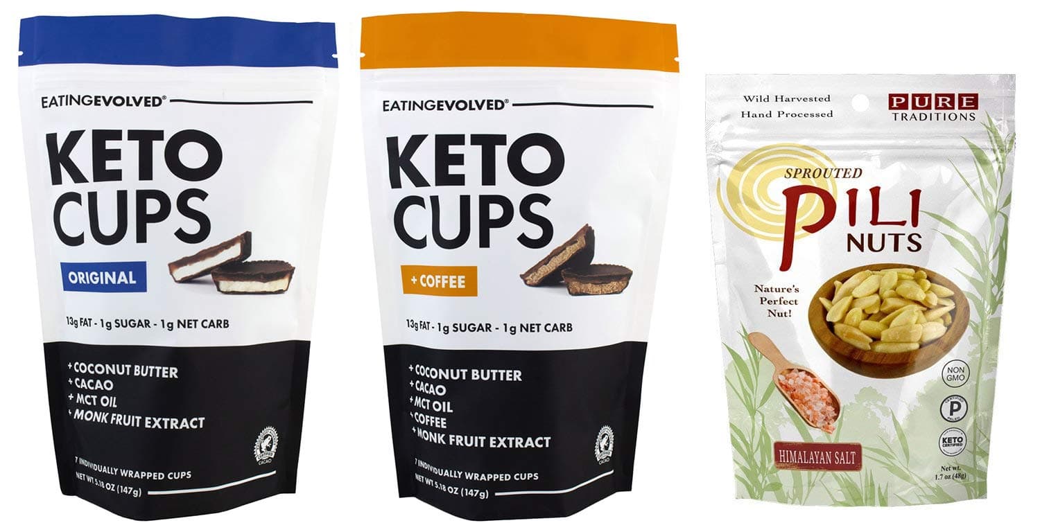 Original & Coffee Keto Cups (1 pack each) & Sprouted Pili Nuts (Himalayan Salt) Keto Variety Pack