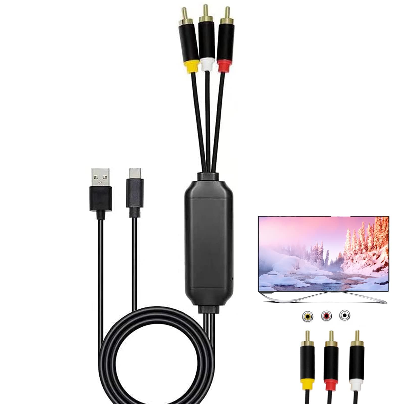 USB C to RCA Cable Adapter, 6Ft Type-C to RCA Wired Screen Mirroring with USB A(Charging),USB C Male to 3 RCA Male,Suitable for TV, Monitor, Speaker
