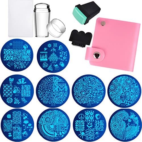 Nail Art Image Stamp Stamping Templates Stamper Scraper Kit- 10 Manicure Plates Set with 2 Stamper & 2 Scraper & Nail Plate Storage Bag Organizer