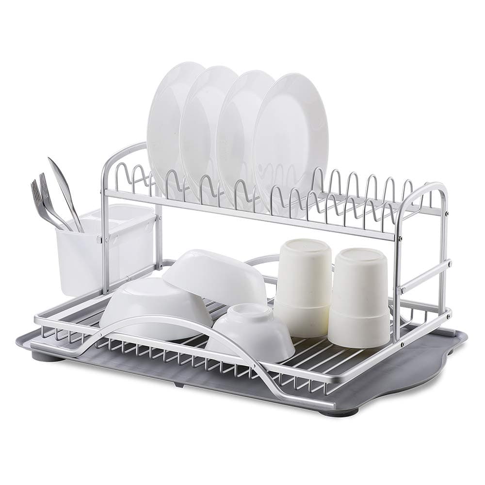 Dish Drying Rack-Aluminum 2 Tier Kitchen Dish Rack -Dish Rack Drying with Removable Utensil Holder and Drainboard,Large Capacity