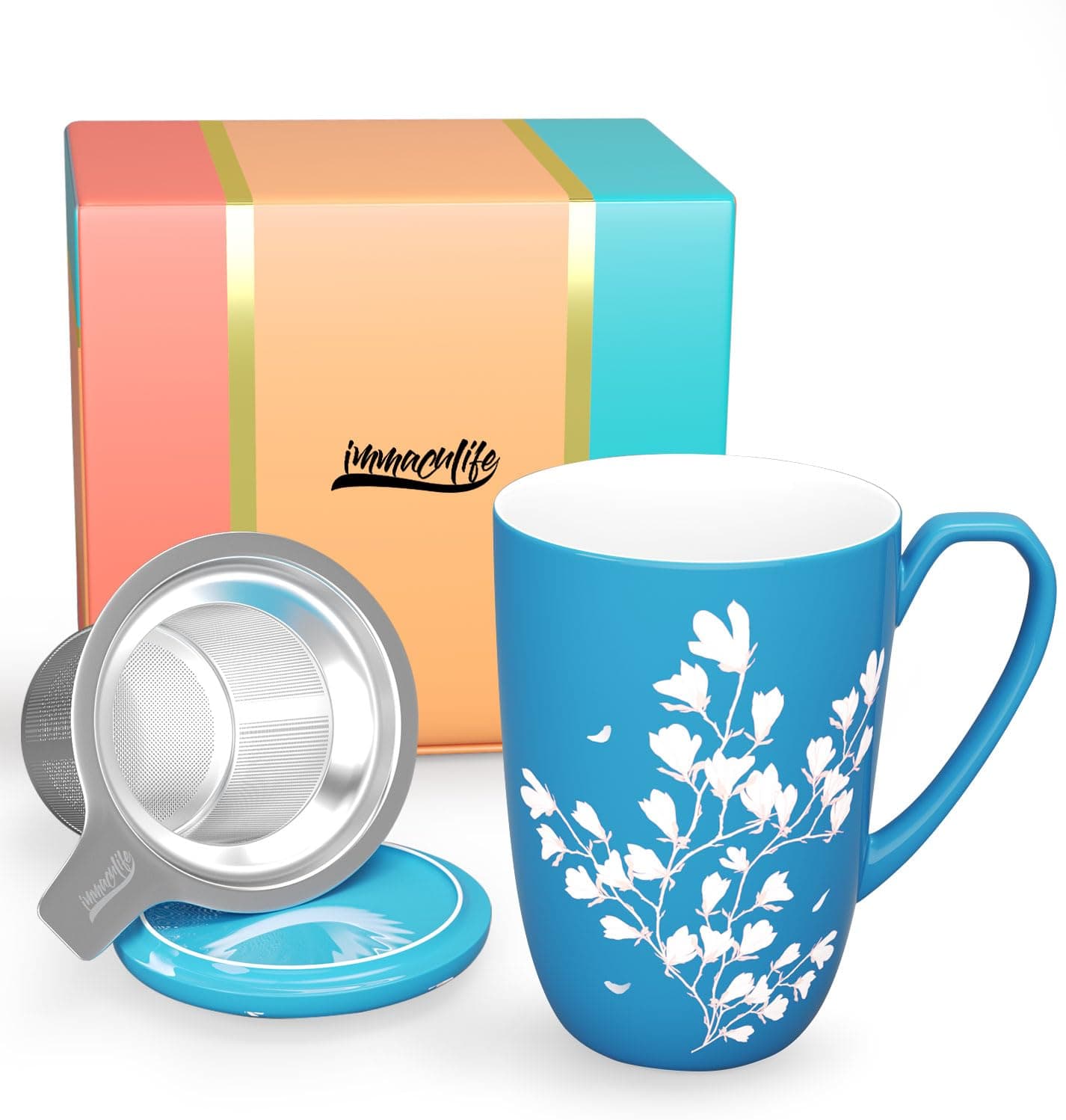 Tea Cup with Infuser and Lid - Ceramic Tea Mug with Lid - Teaware with Filter 15oz, Red