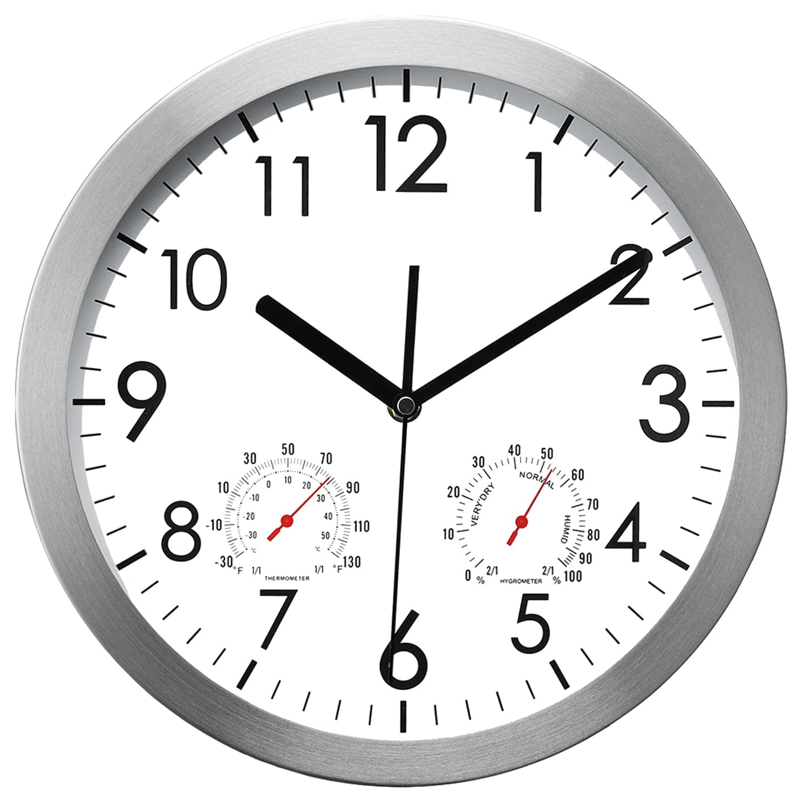 WOOPHEN 12 Inch Wall Clock with Temperature and Humidity, Battery Operated Non Ticking Silent Metal Frame Wall Clocks for Office, Home, Bathroom, Kitchen, Bedroom, School, Living Room(Silver)