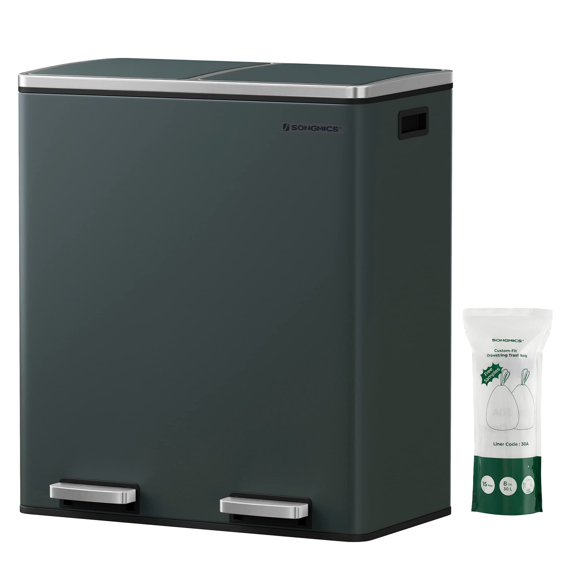 SONGMICS Trash Can, 2 x 8-Gallon Garbage Can for Kitchen, with 15 Trash Bags, 2 Compartments, Plastic Inner Buckets and Hinged Lids, Airtight, Gray ULTB60GS
