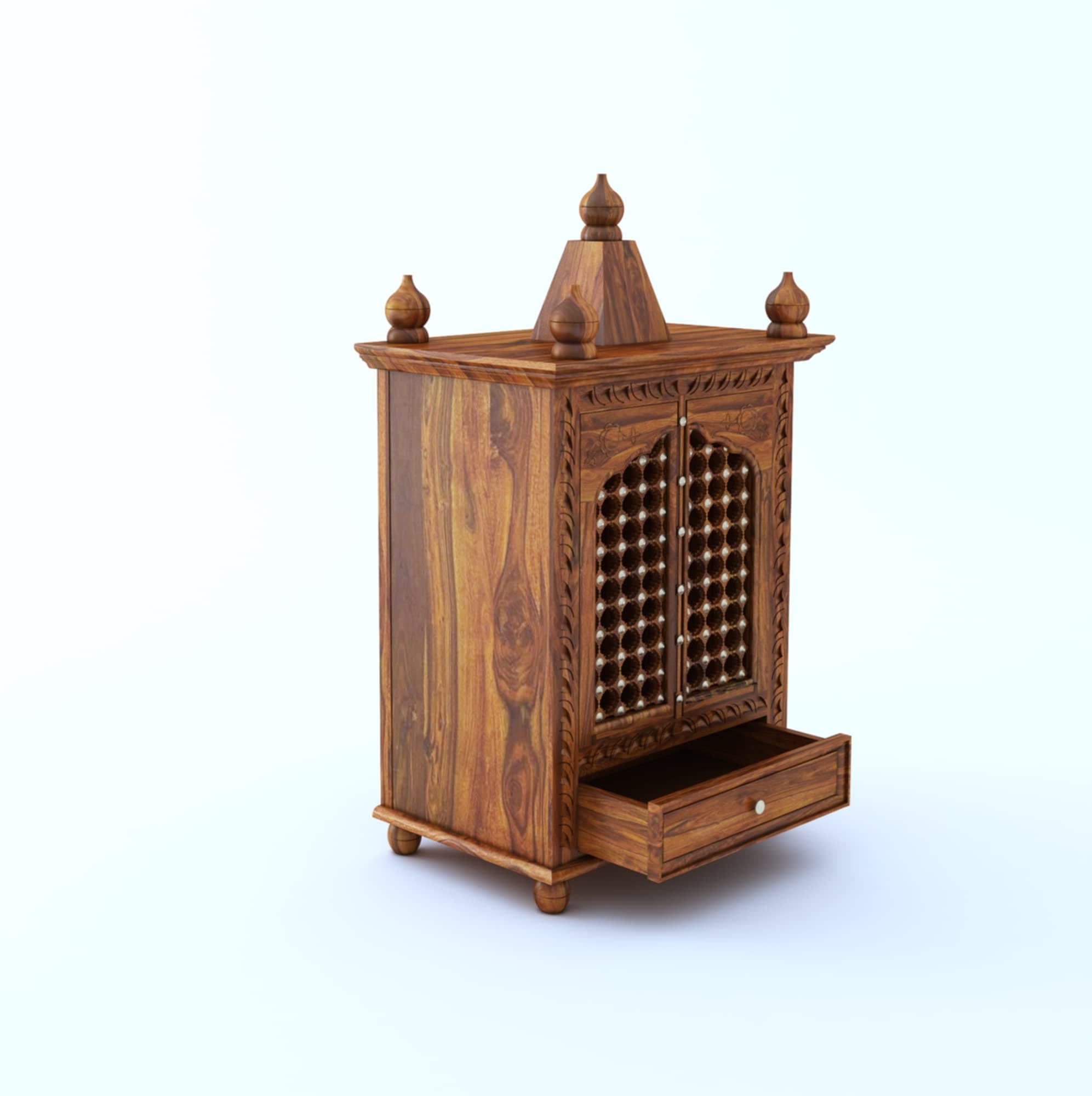 GANPATI ARTS Solid Sheesham Wood Temple in Brass Work with Two Doors and One Drawer Storage Wooden Mandir for Home and Office - Natural Finish