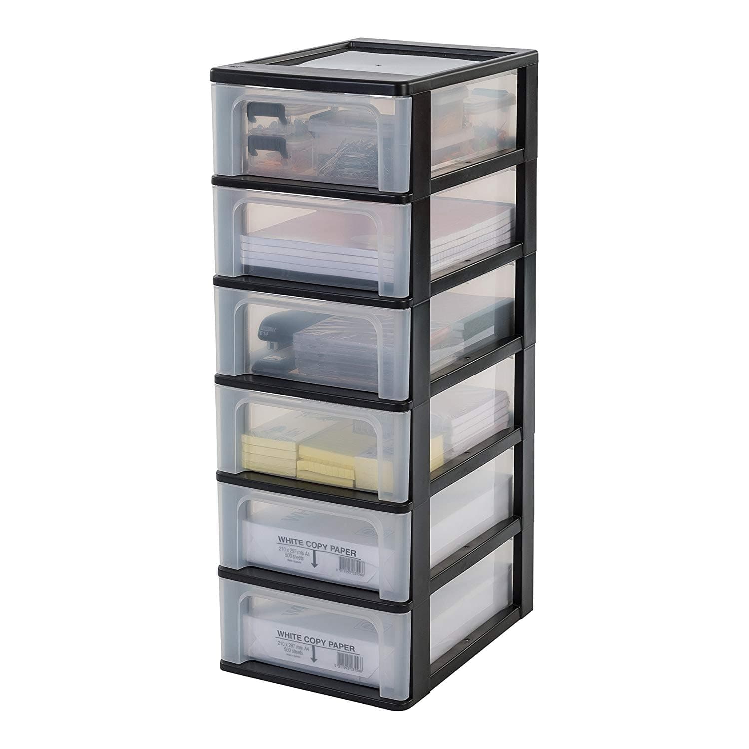 Iris Ohyama Plastic Storage Drawers Unit, 6 Shallow Drawers, Black, Easy-Pull Drawers, A4, A5 & A6 Format, File Organiser, For Office, School, Stationary, BPA Free, Chest, Tower, OCH-2006