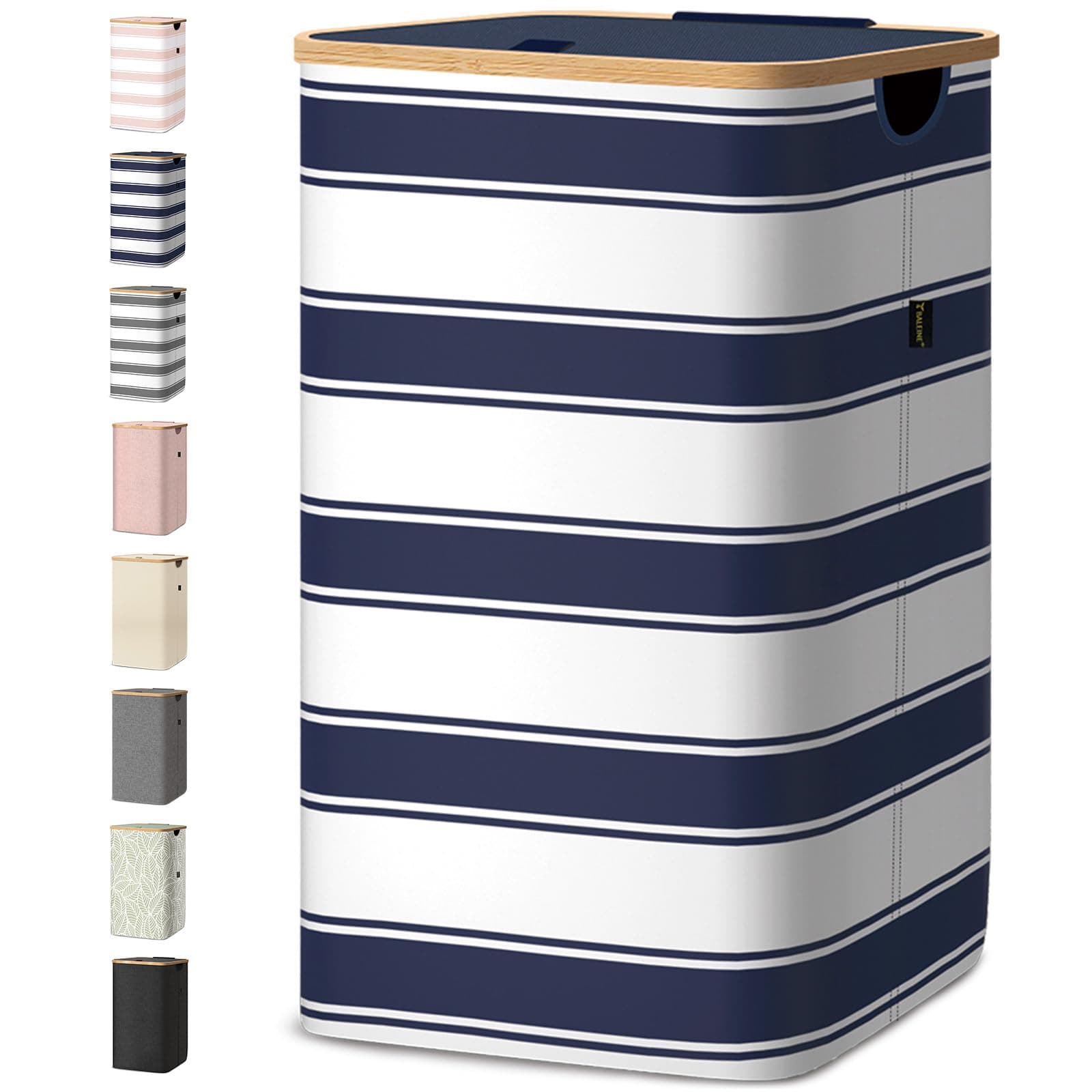 BALEINE Laundry Hamper with Lid, Tall Laundry Baskets with Bamboo Pull Handles, Large Laundry Bin with Internal Support (26 Gal/100L, Blue Stripe)