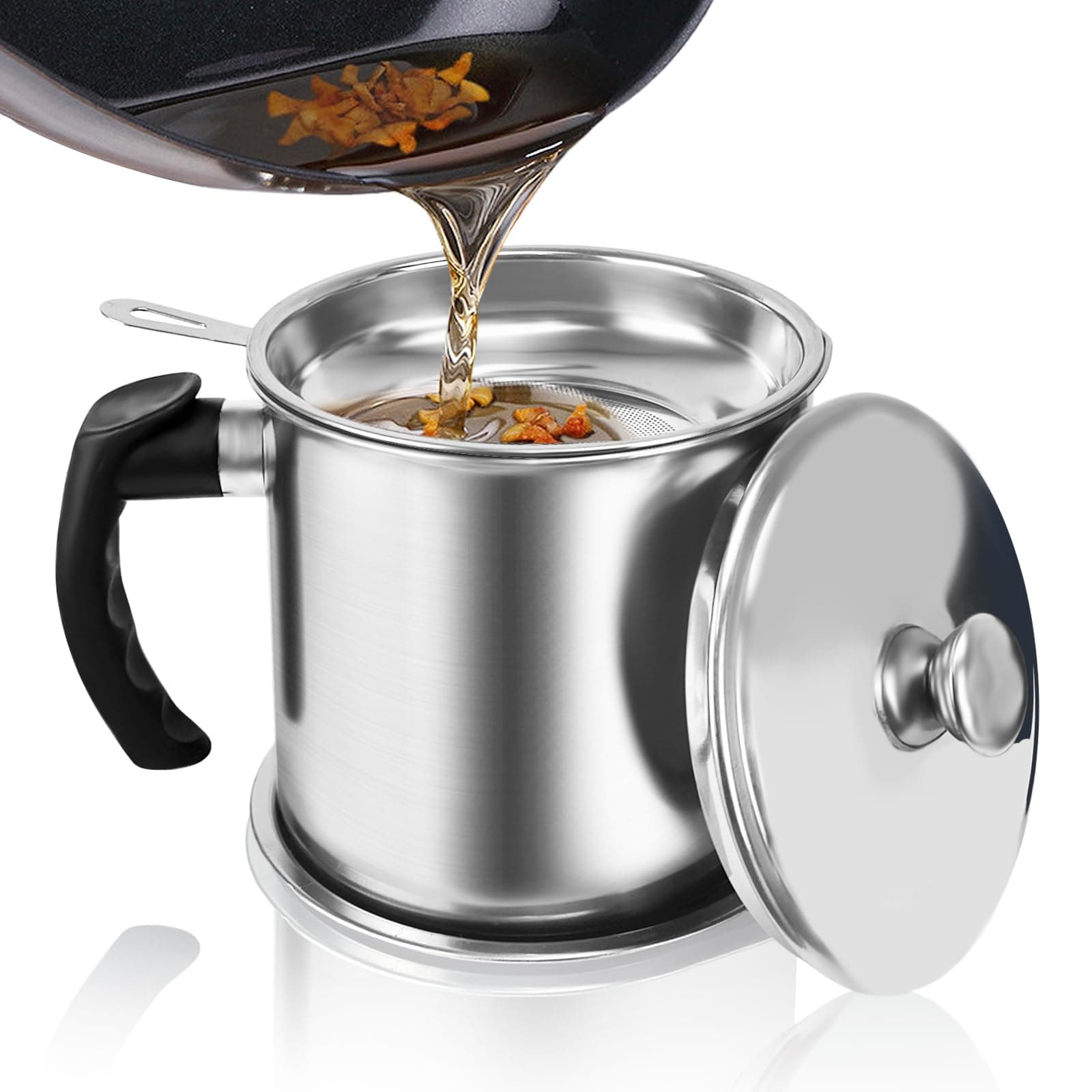 Bacon Grease Container With Strainer,1.3L(46 fl. oz.) Kitchen Stainless Steel Oil Container Can with Strainer and Anti-slip coaster tray for Store Meat Frying Oil and Cooking Grease Storage