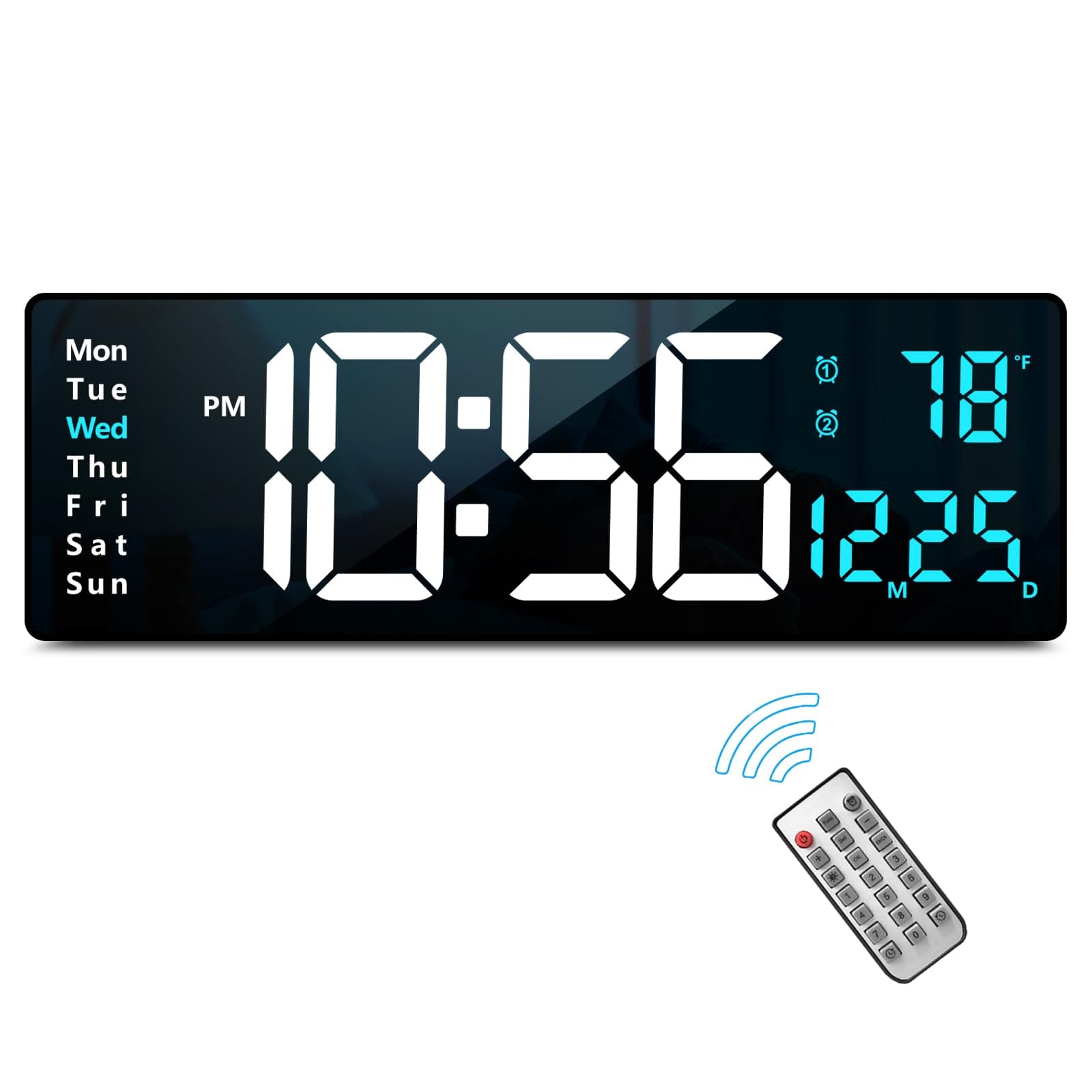 Abovsare 16.2 Inch Large Display Wall Clocks, LED Digital Clock with Remote Control for Living Room Decor, Automatic Brightness Dimmer Clock with Date Week Temperature (Blue)