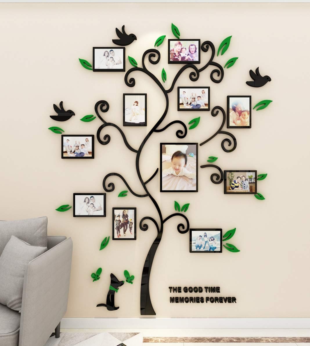 3D Tree Wall Stickers - Family Tree Wall Decor Black Trunk Picture Frame DIY Photo Frame Decals Family Frames Living Room (Green, X-Large)