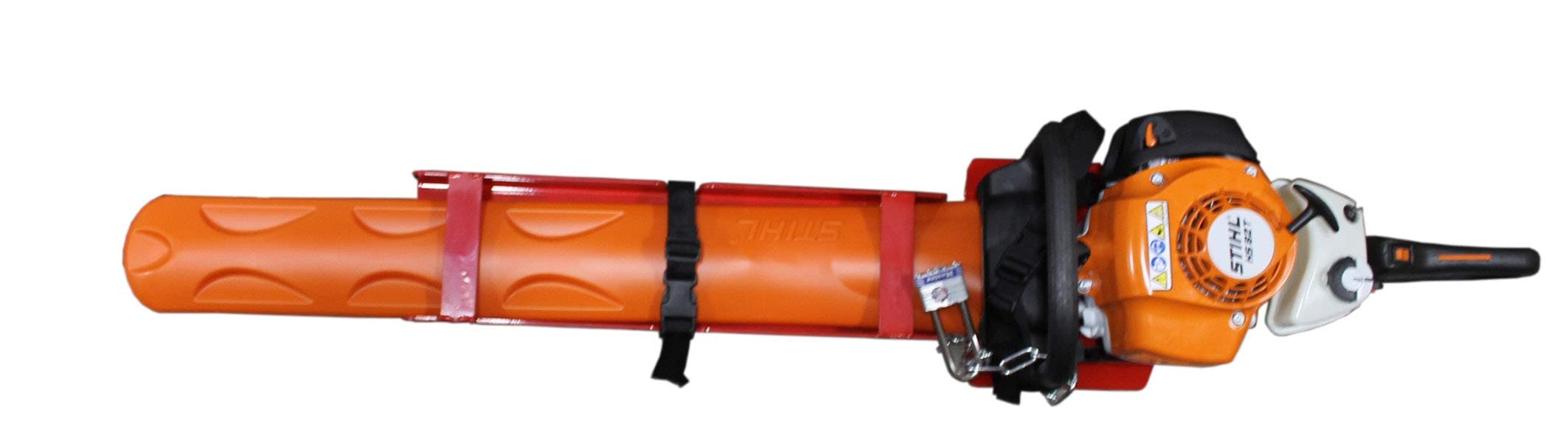 Jungle Jim's Jungle Sheath Lockable Rack for Hedge Trimmers & Chainsaws – Secures Both Tool & Sheath with Buckle Strap & Chain – Mounts to Open Trailer Rails, Floors, Enclosed Trailers & Garages