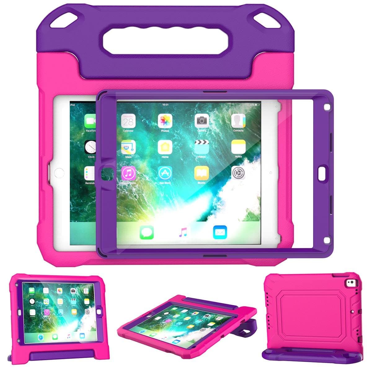 SUPLIK Kids Case for iPad 5th/6th Generation (9.7 inch, 2017/2018), iPad Air 1 & Air 2 & Pro 9.7 Case with Screen Protector, Durable Shockproof Protective Cover with Handle Stand, Pink&Purple