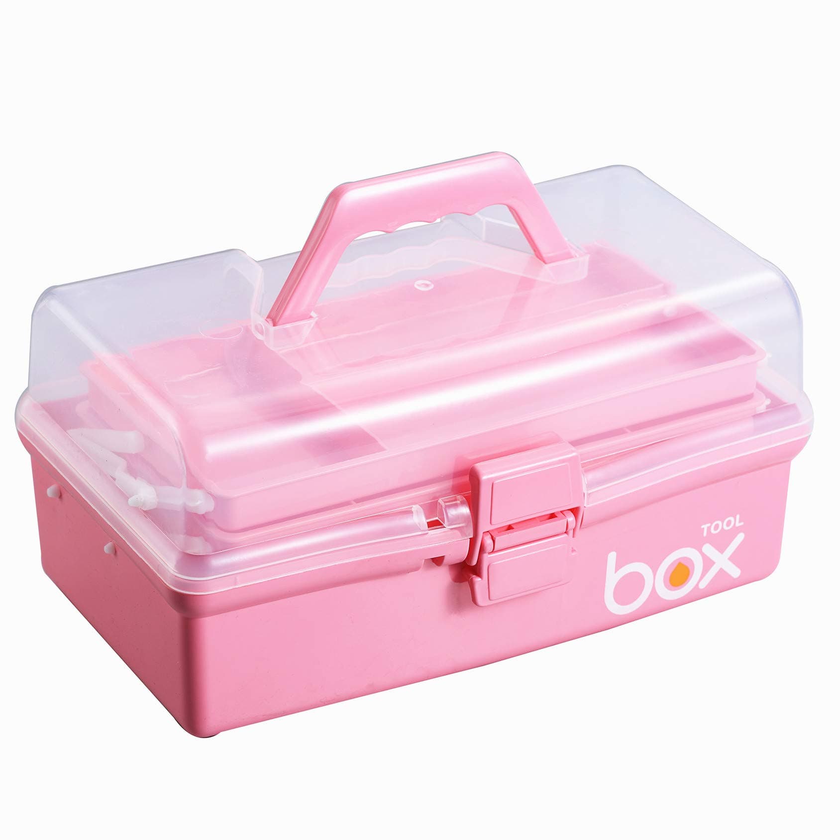 12'' Three-Layer Clear Plastic Storage Box with Handle, Craft Tool Box, 3 Layer Pink Tackle Box for Women, Organizer Box for Sewing Art and Cosmetic (Pink)