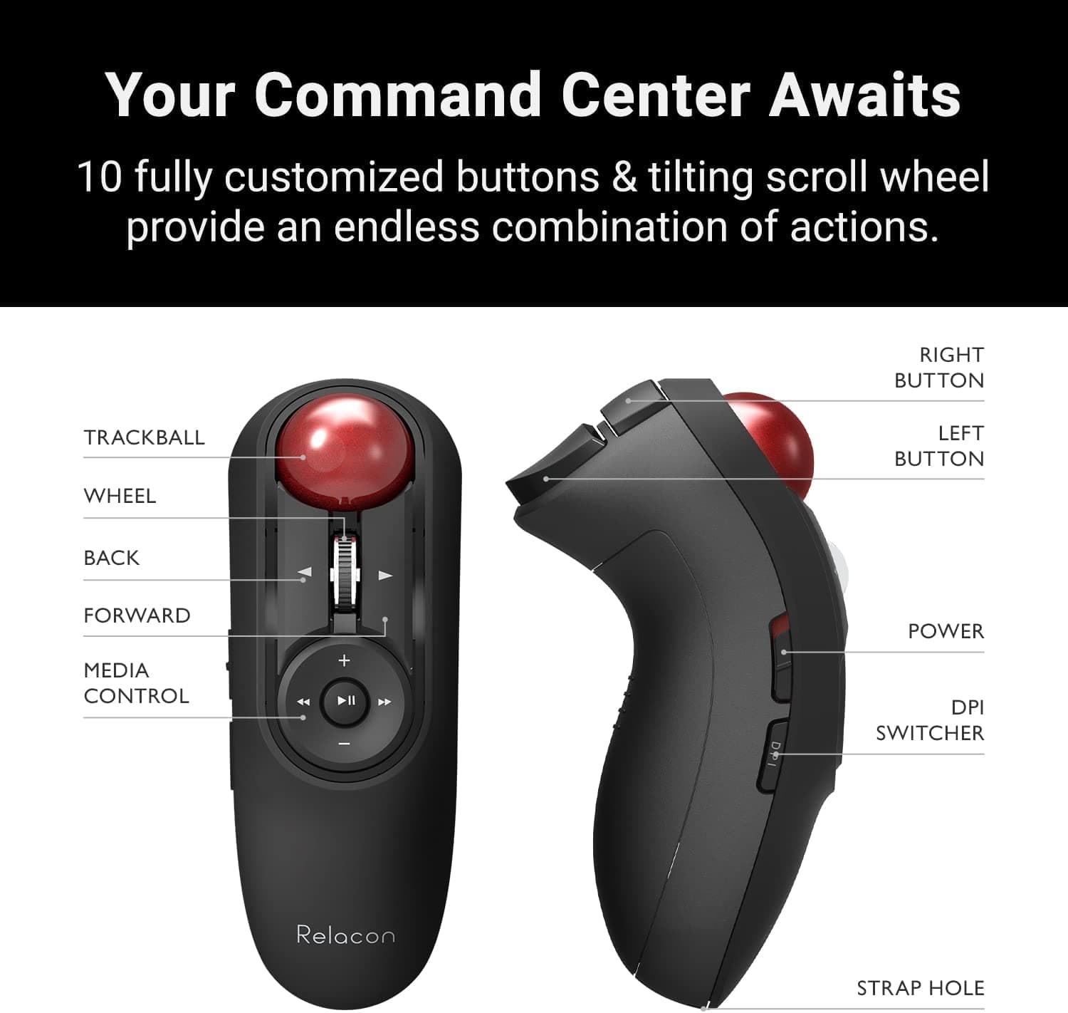 Elecom Relacon Handheld Trackball Mouse, Thumb Control, 2.4GHz Wireless, Ergonomic Design, 10-Button Function, Windows11, MacOS (M-RT1DRBK)