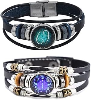 2Pcs Multilayer Constellation Zodiac Leather Bracelet Handmade Woven Zodiac Sign Wrap Bracelet Wristband for Women Men Jewelry Birthday Gift