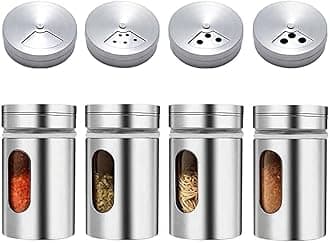 Salt and Pepper Shakers Set 3.3oz Portable,Stainless Steel Spice Shakers Seasoning Container for Home 4 Pcs Set with Rotating Lids Spice Jars Shaker Seasoning Cans Set of 4 (4PCS)