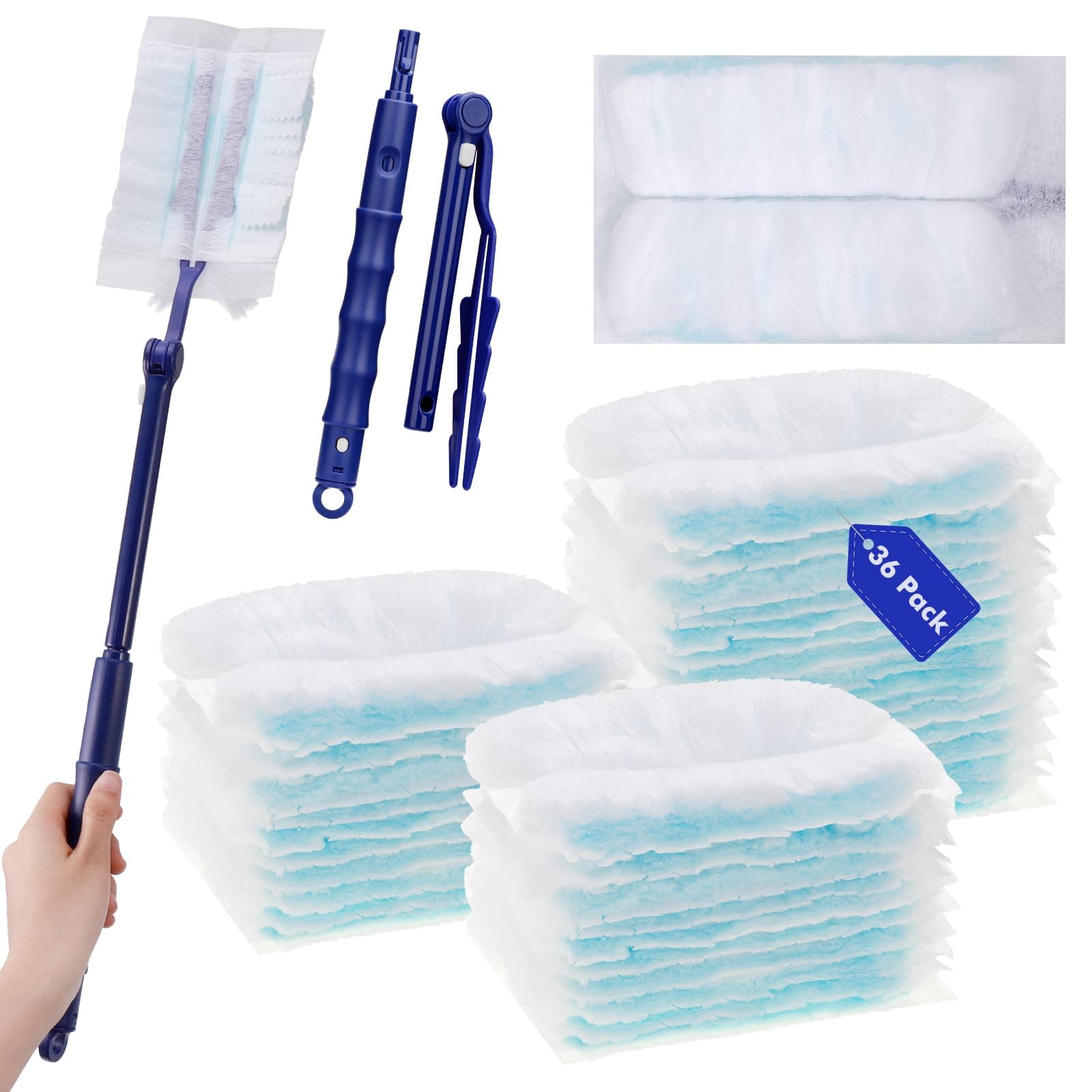 Kssvzz 36 Pcs Flash Dust Magnet Refill Kit, Fluffy Duster Refills, Disposable Duster Heads with Handle Extendable to 90cm for Cleaning Blinds, Home Cleaning, Office Home Fans