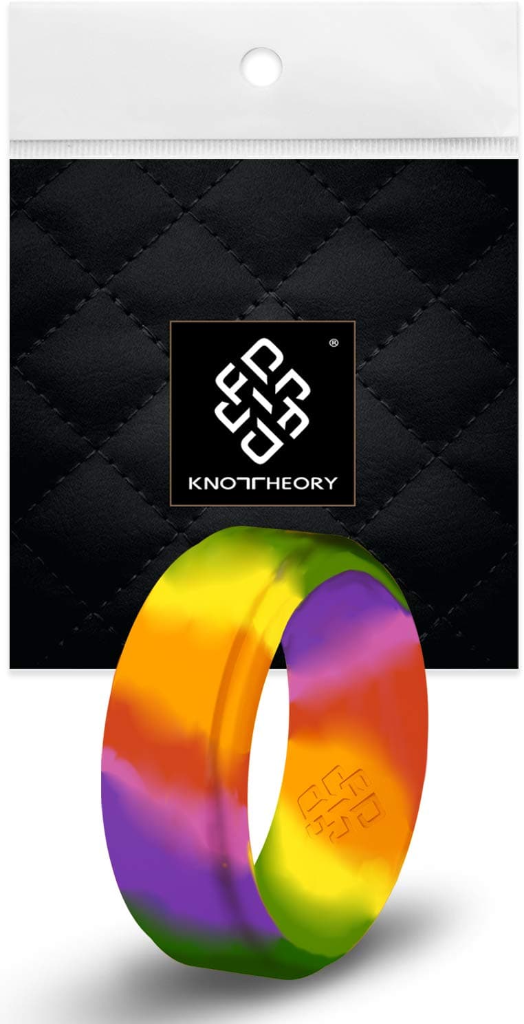 Knot TheoryRainbow Silicone Ring Men - Size 8 Step Edge 9mm Wide Rubber Wedding Band - Gym Workout Weight-Lift Ring