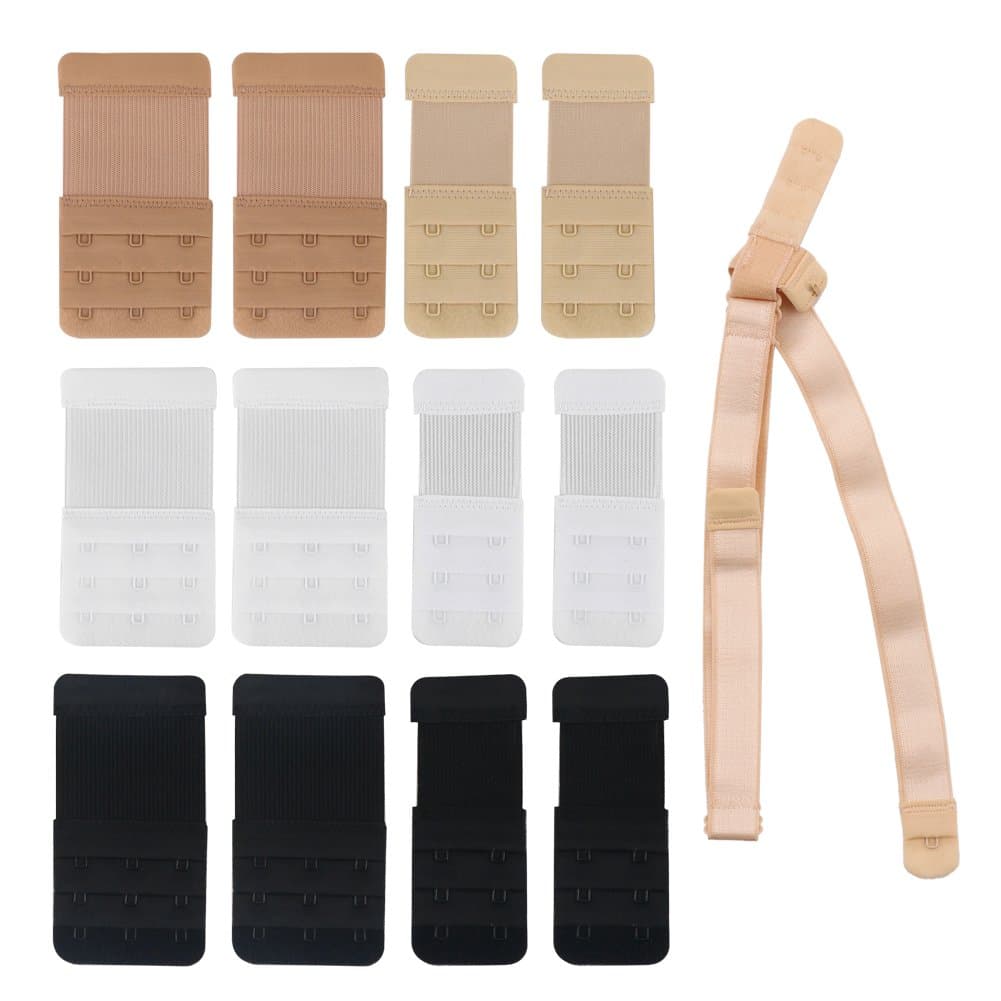 SHORWIN 13pcs Bra Extender PLUS Low Back Bra Strap Bra Extension Low Back Bra Extender, 12 Pack Bra Extenders with a Underwear Straps(Black, White and Beige)