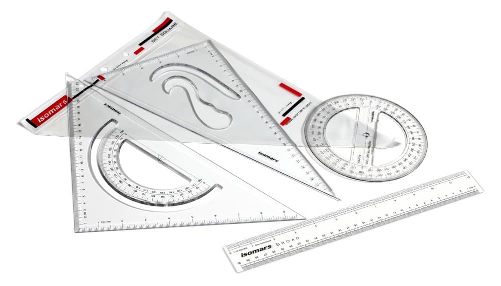 Isomars Scholar Set – Set Squares, Protractor & 12-Inch Scale with Beveled Edges for Drawing, Drafting & Geometry – Ideal for Students & Professionals