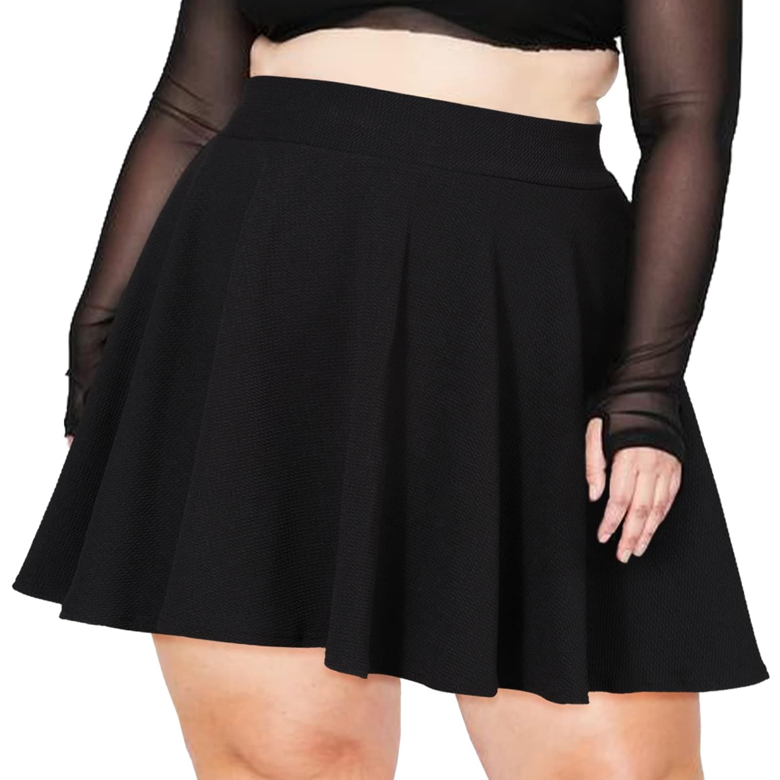 Moon WoodWomen's Plus Size Mini Skater Skirt- Basic Versatile High Waisted Flared Casual Stretchy Skirts