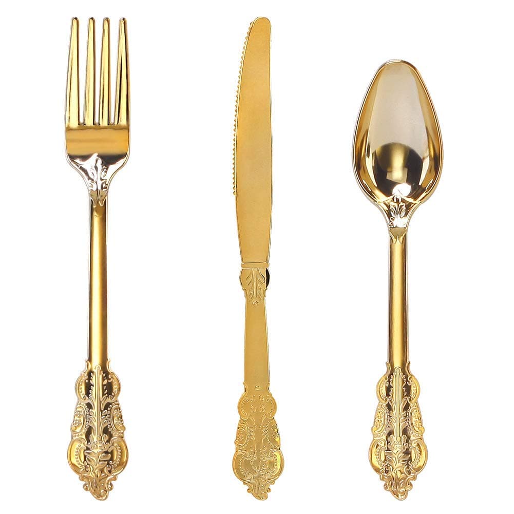 WDF 300 Pieces Gold Plastic Silverware Disposable - Heavy Duty Thanksgiving P...