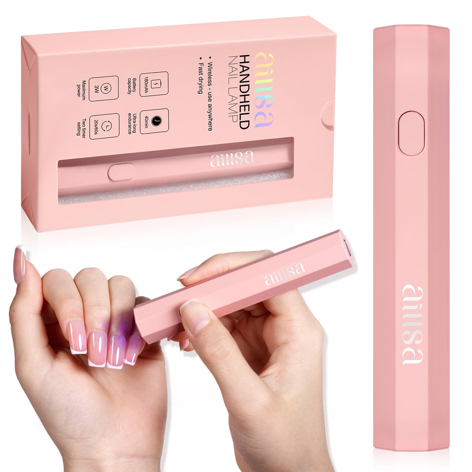 AILLSA - Flash Curing Light for Gel Nails, Handheld LED Nail Lamp, Mini UV Light, Wireless Gel Lamp, Fast Drying, Portable, Single Finger Gel Light, for Gel Nails(Pink)