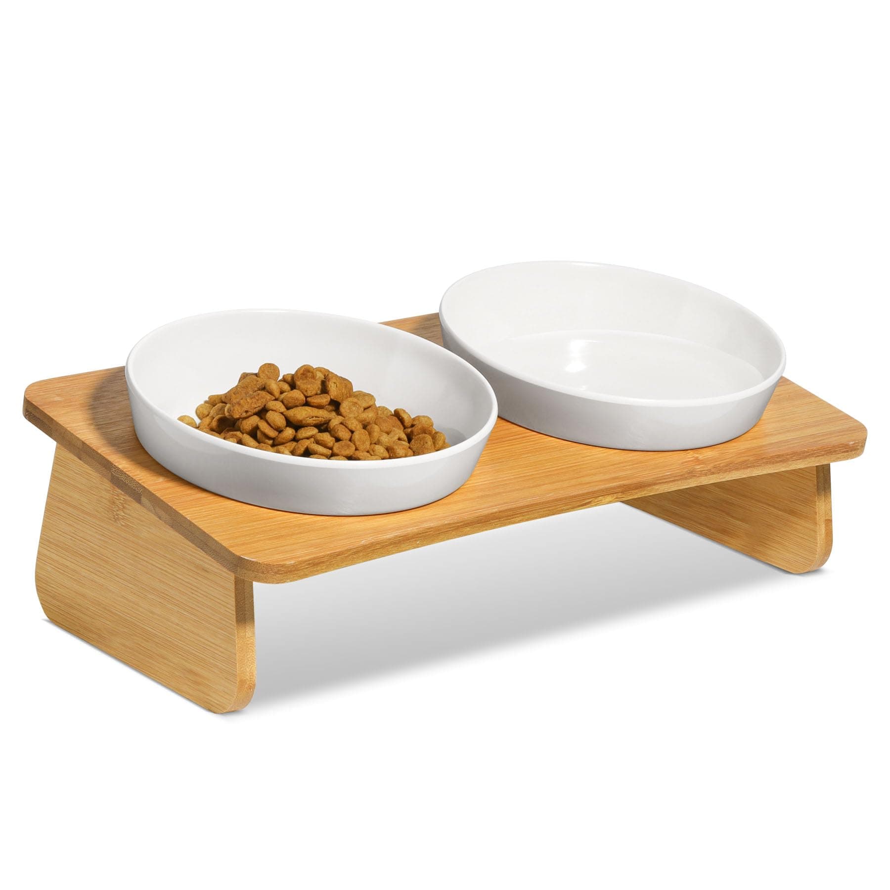 Raised Cat Bowl with Bamboo Stand, Elevated Pet Feeder with 2 Melamine Bowls, Tilted Food and Water Cat Feeding Dish, Protect Pet's Spine, Whisker Stress Free Anti Vomiting, White