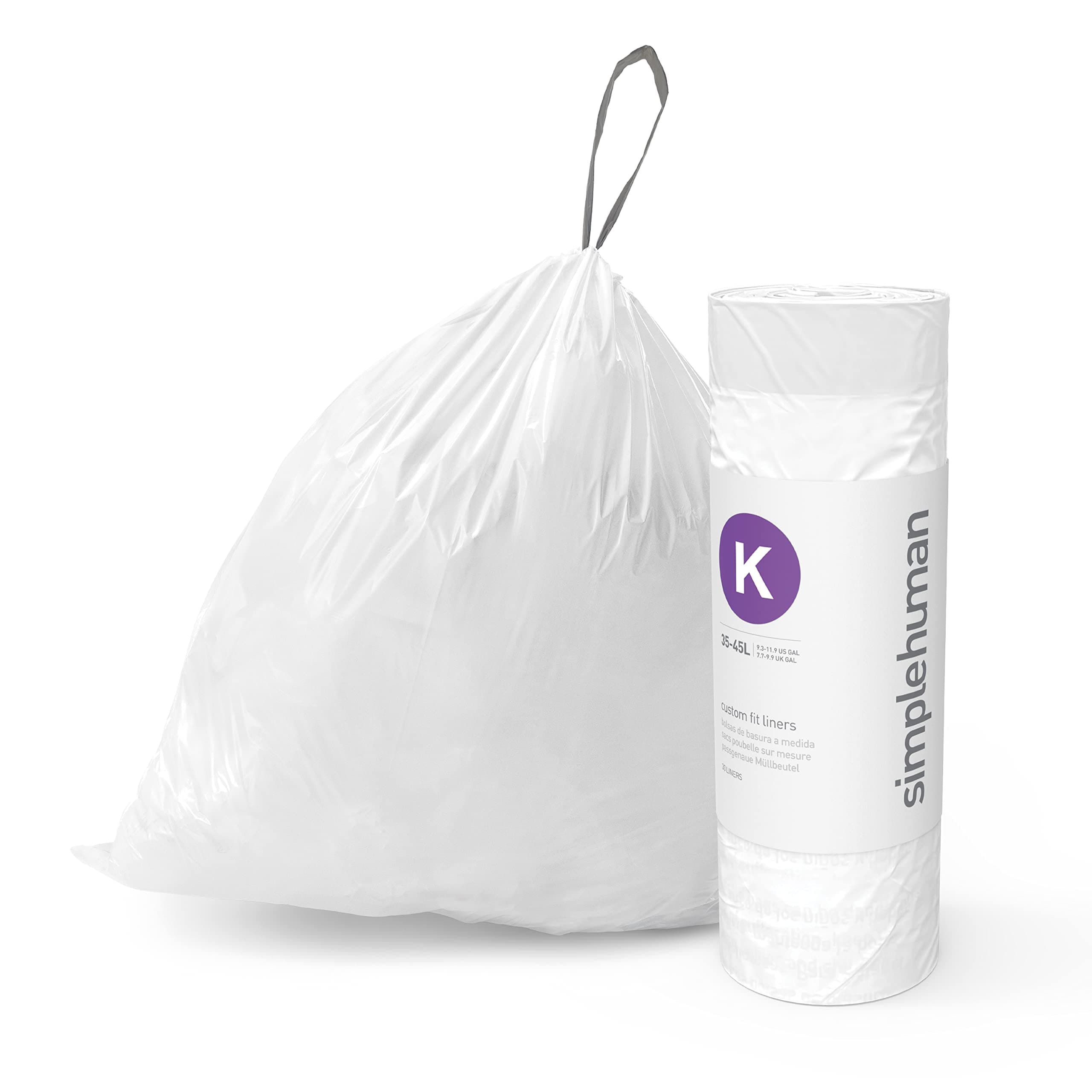 simplehuman Code K Custom Fit Drawstring Trash Bags, 240 Count, 35-45 Liter / 9-12 Gallon, White