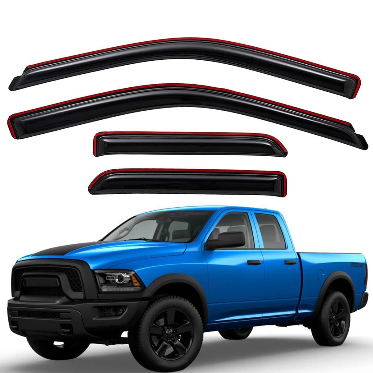 194101 Extra Durable Clip-on In-Channel Auto Vent Window Visors, Fits 2009-2010 Dodge Ram 1500, 2011-2018 Ram 1500, 2019-2024 Ram 1500 Classic, Quad Cab, UV-Protect Rain Guard, Smoke, 4-Pcs