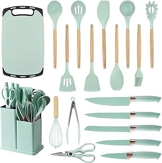- Cooking Utensils Set - 19 Piece Set with 11 Spatulas, 6 Sharp Knives, Silicone Utensils & Cutting Board (Green)