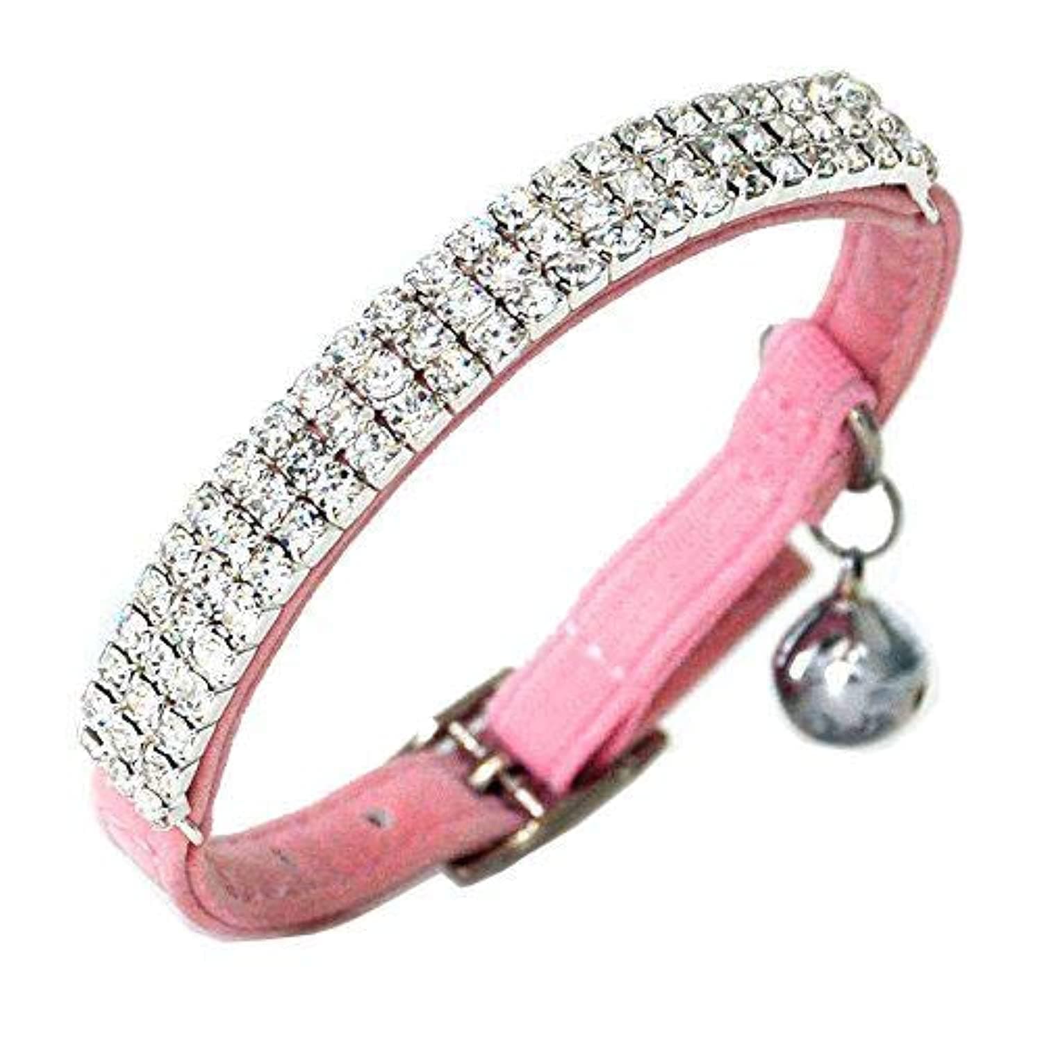 Adjustable Cat Collar Small Dog Collar with Bell Rhinestone Soft Velvet Pet Cat or Small Dog Necklace Pink