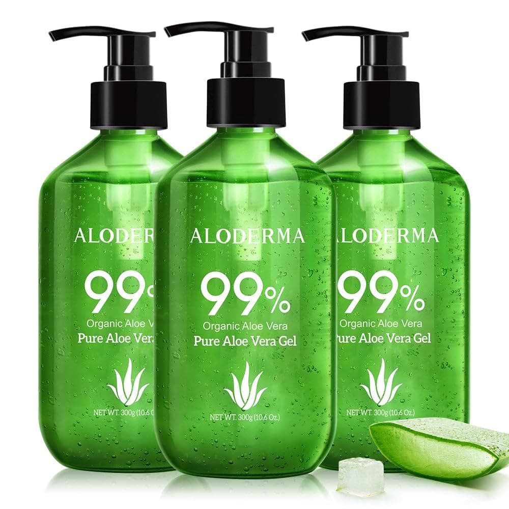 Aloderma99% Organic Aloe Vera Gel Made Within 12 Hours Of Harvest - Pump Bottle - Lightweight Aloe Gel For Face And Body, Soothing And Hydrating Sunburn Relief, Great For Scalp & Hair, 3Btls X 10.6Oz