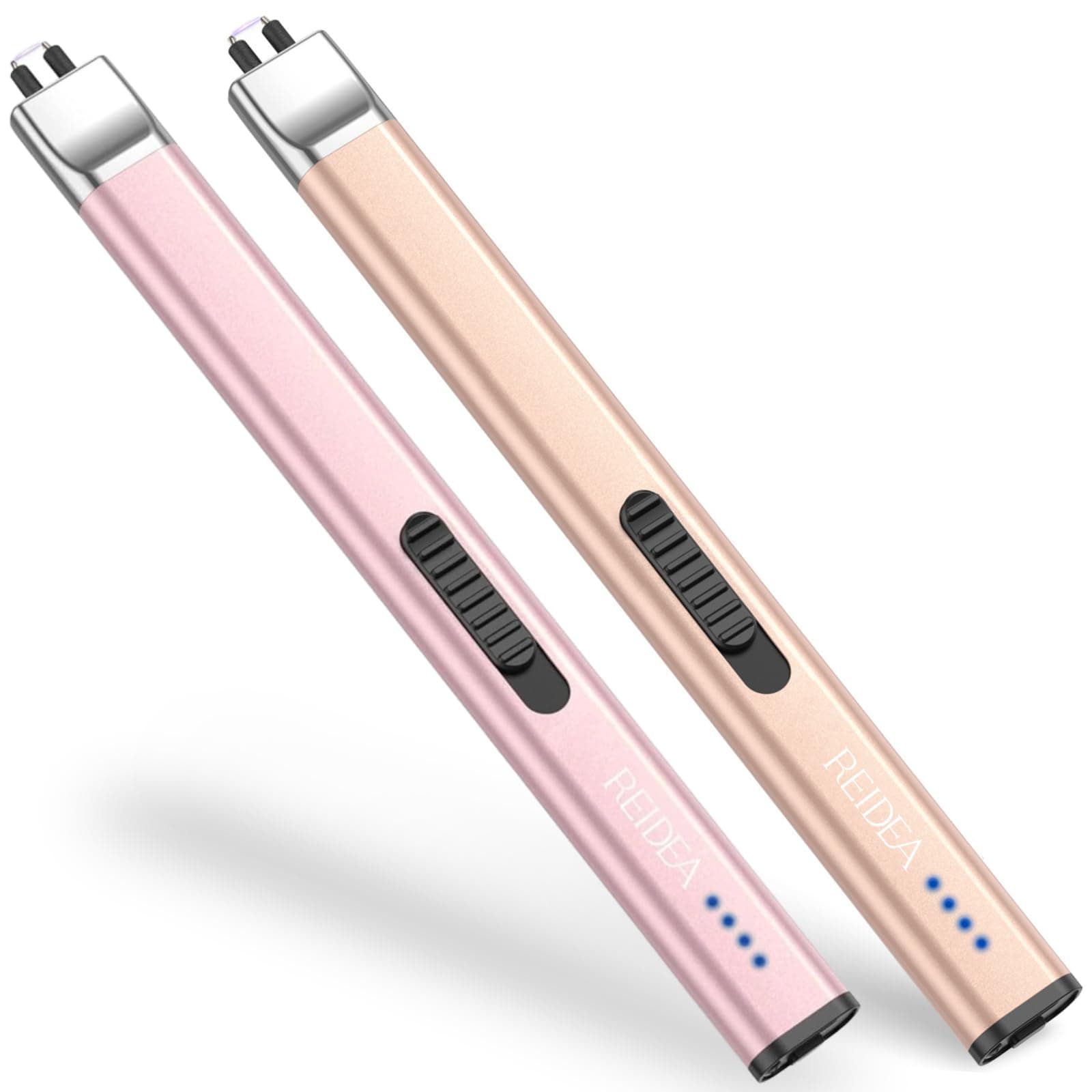 Lighters 2 Pack R1 Flat Electronic Candle Lighter, Windproof Flameless USB Rechargeable Arc Lighter with Safe Button and Power Indicator for Candle, BBQ and Fireworks, Champagne and Rose