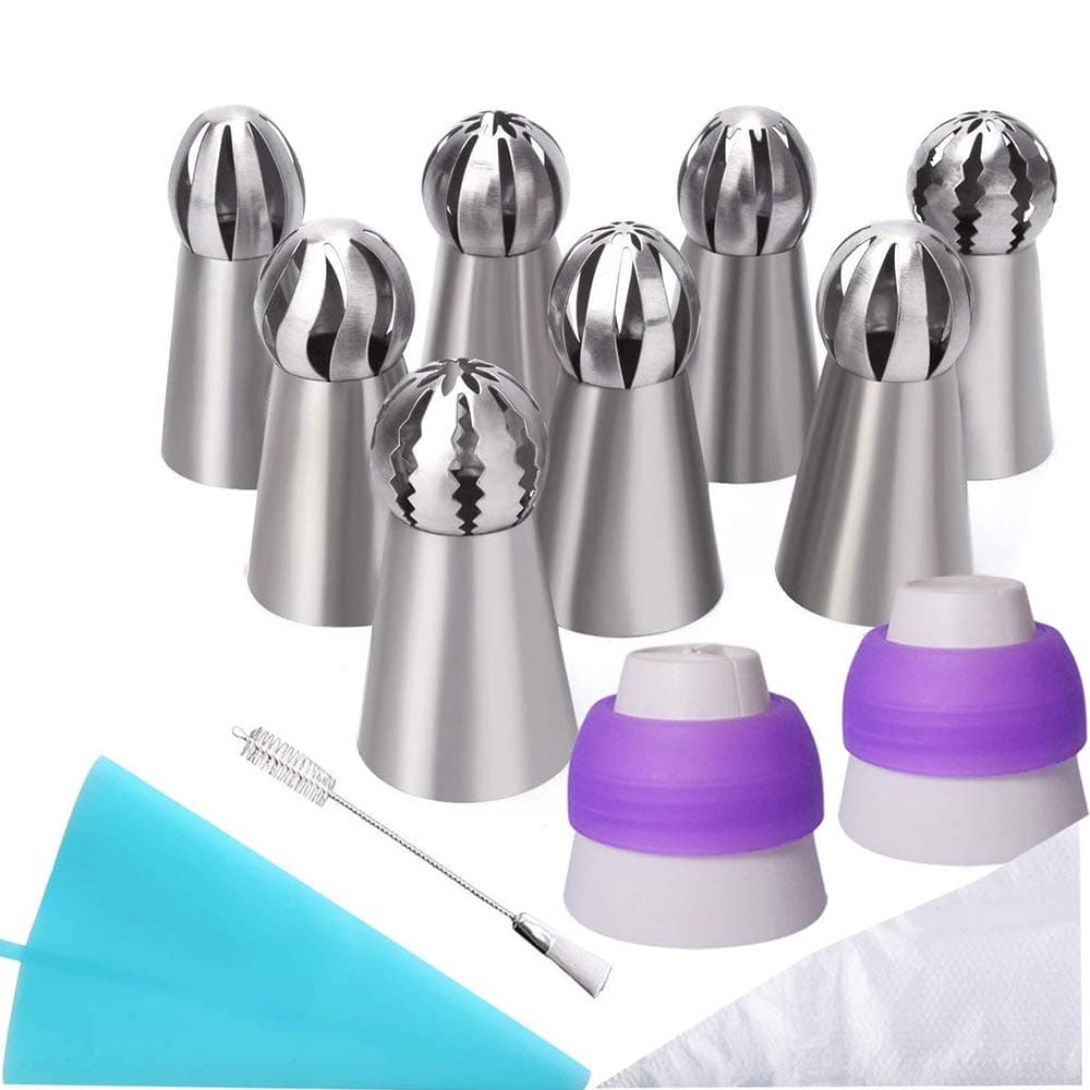 Messar 22 Pcs Russian Piping Tips Set, 8 Pcs Stainless Steel Russian Piping Ball Tips Icing Nozzles Set with 2 Couplers, 1 Silicone Bag,1 Cleaning Brush and 10 Disposable Pastry Bags (#1)