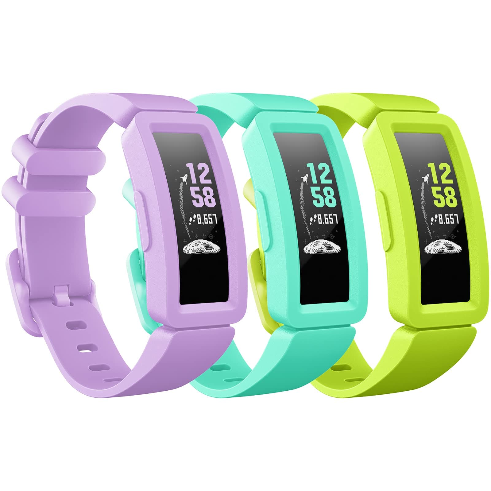 Compatible with Fitbit Ace 2 Bands for Kids 6+, 3-Pack Colorful Silicone Rubber Adjustable Replacement Sport Swim-Friendly Bands for Girls Boys, Lavender+Marine Green+Lime