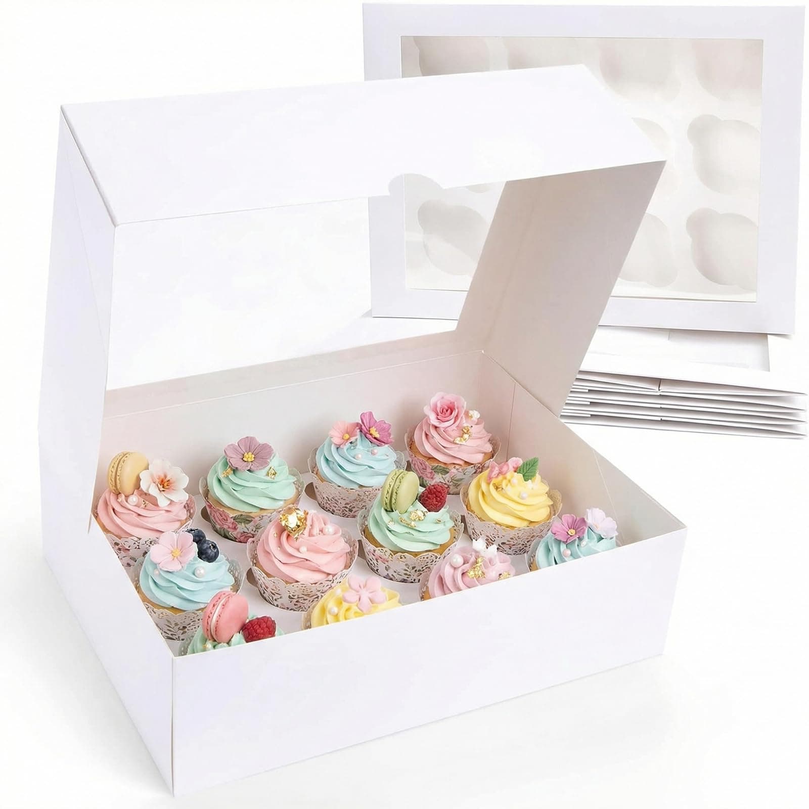 VGOODALL 12 Count Cupcake Boxes, 6PCS Cupcake Container with Window Boxes Holding 72 Pastry Box for Birthday Holiday Party Bakery Supplies 13.2"x9.8"x4"