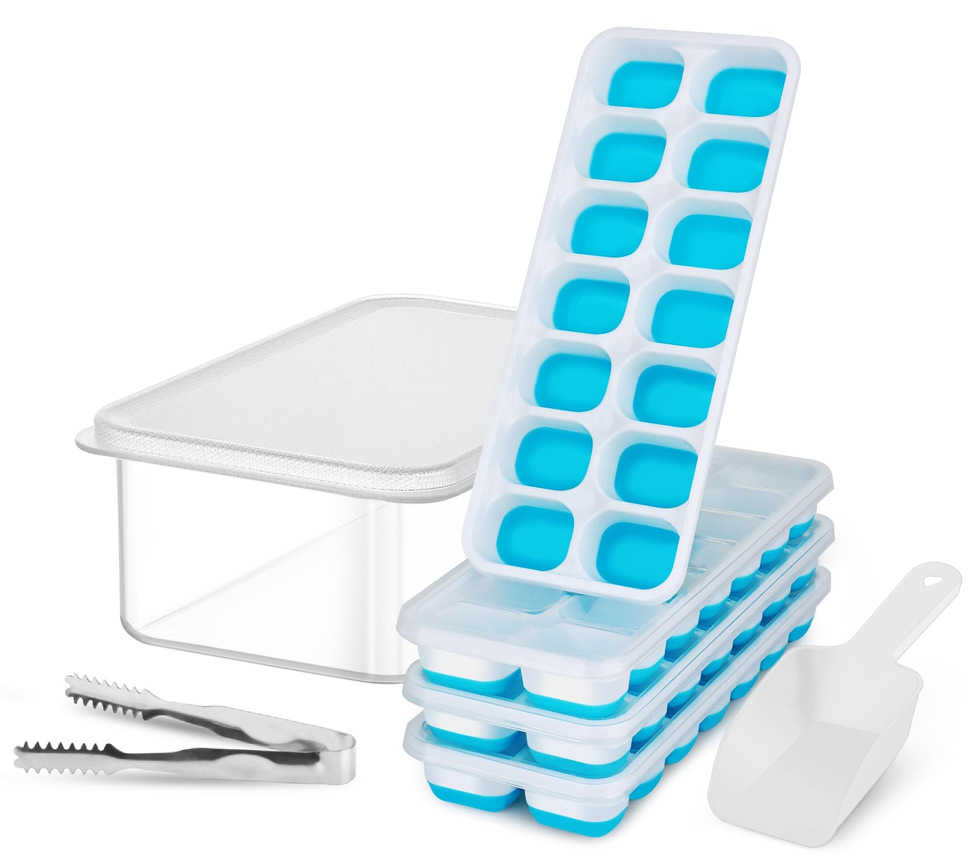 Ice Cube Tray with Lid and Bin, Jrisbo 4 Pack Silicone Ice Cube Trays for Freezer with Ice Container, Easy Release Stackable Ice Trays with Ice Tong, Ice Scoop for Cocktails, Baby Food, Beer